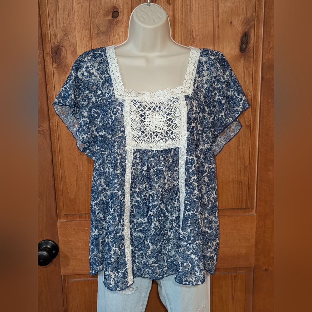 Ruff Hewn Blue and White Lace Blouse